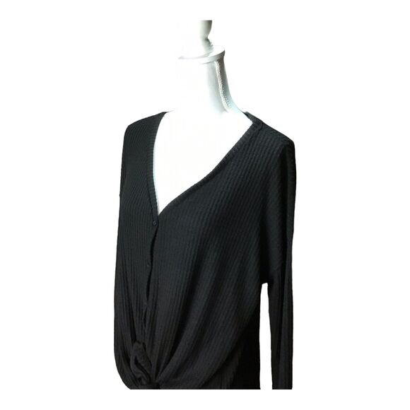 Gibson Women’s Small Black Thermal Waffle Knit V-Neck Button Tie Front Top - Picture 9 of 16